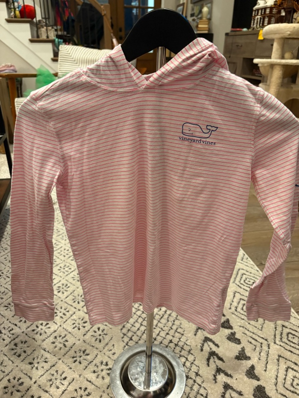 Vineyard Vines Pink & White Striped Hooded Kids Top with Navy Whale